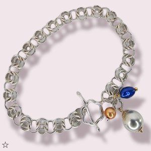 Chainmail 925 Sterling Silver Charm Bracelet Freshwater Pearls Toggle 7.5in